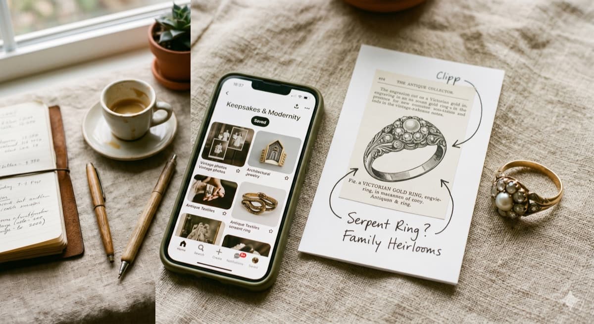 Example references: phone with Pinterest board, antique ring illustration, and family heirloom ring