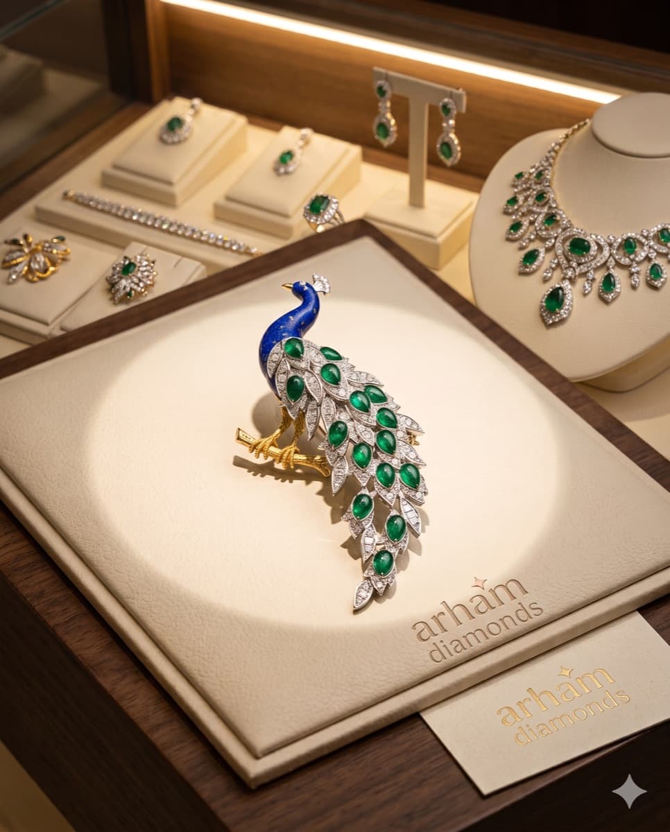 Emerald and diamond pieces in the Arham Diamonds atelier display case