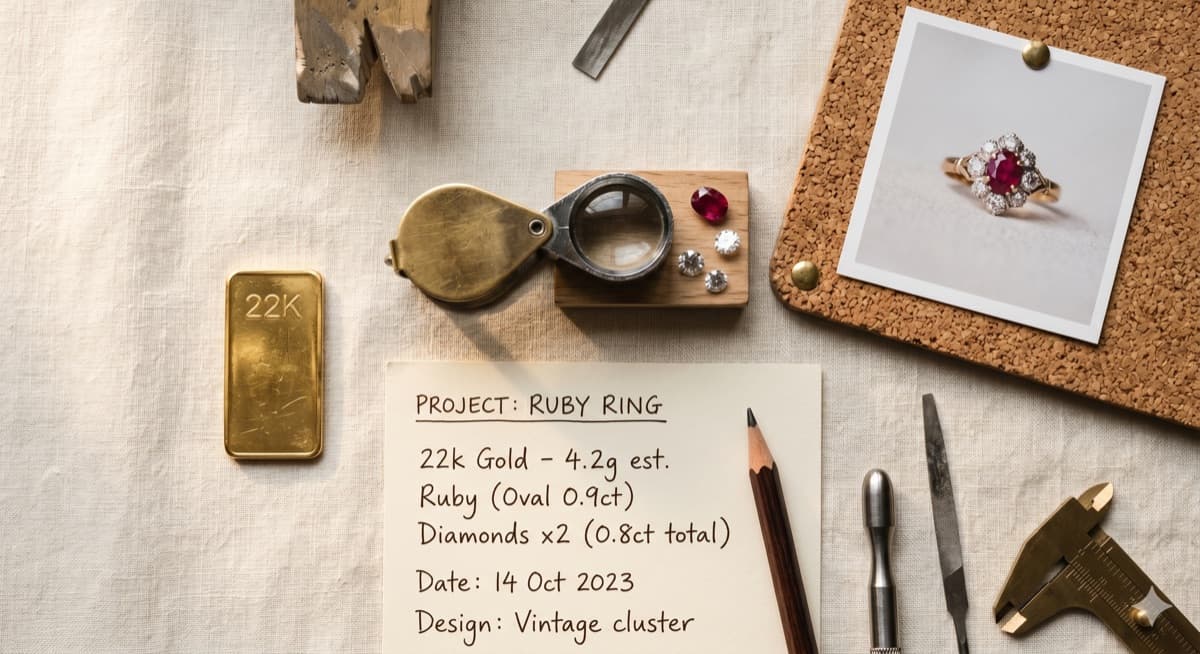 Karigar's workbench with a 22K gold bar, loupe, ruby and diamonds, and handwritten project notes